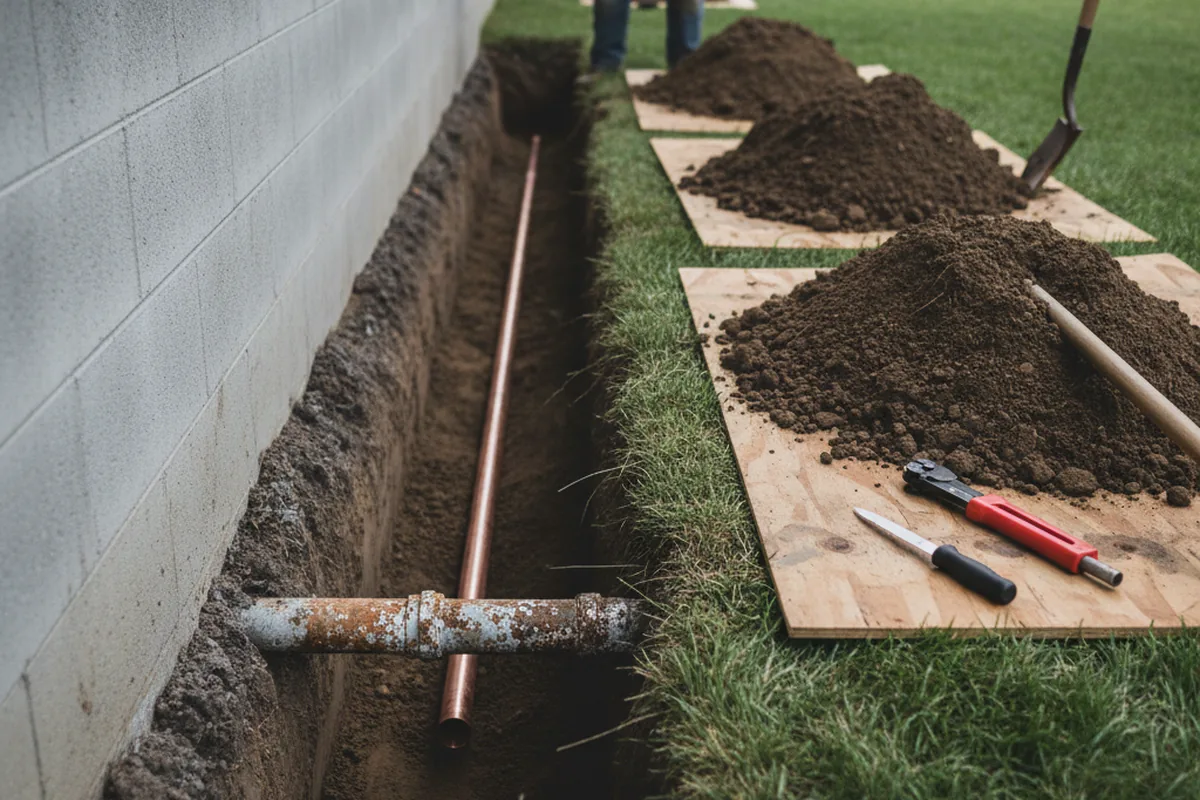 Excavated water line trench during Water Softener Installation in Commerce Township